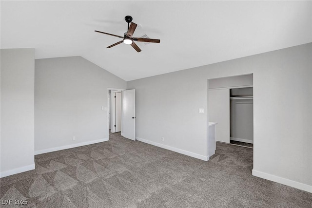 3791 El Camino Rd, Las Vegas, NV 89103 - unfurnished bedroom featuring carpet flooring, vaulted ceiling, a walk in closet, ceiling fan, and a closet