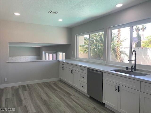 3791 El Camino Rd, Las Vegas, NV 89103 - kitchen with dishwasher, a textured ceiling, light countertops, light wood-type flooring, and recessed lighting