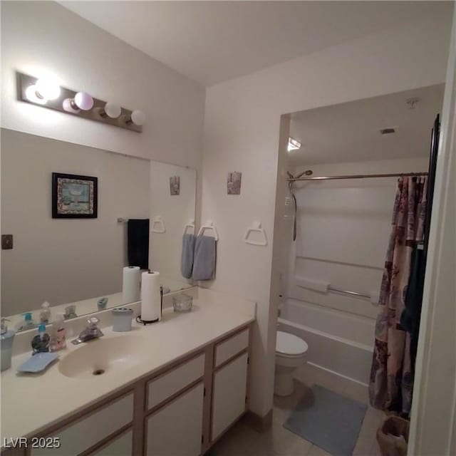 full bath featuring shower / bath combo, tile patterned flooring, vanity, and toilet