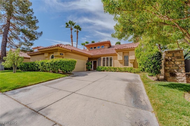 8199 Pinnacle Peak Ave, Las Vegas, NV 89113 - mediterranean / spanish-style house with a tiled roof, an attached garage, stucco siding, concrete driveway, and a front yard
