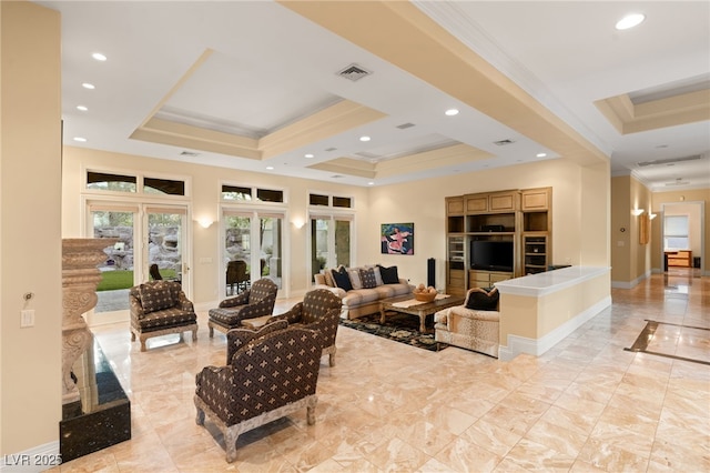 1234 Campbell Dr, Las Vegas, NV 89102 - living room with visible vents, recessed lighting, a raised ceiling, and crown molding