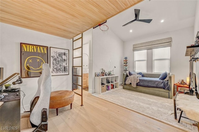 10969 Tranquil Waters Ct, Las Vegas, NV 89135 - bedroom featuring wood finished floors, vaulted ceiling, recessed lighting, a ceiling fan, and ensuite bathroom