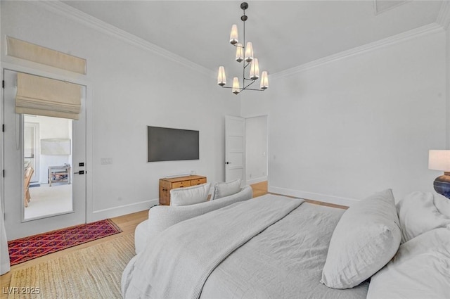 10969 Tranquil Waters Ct, Las Vegas, NV 89135 - bedroom featuring crown molding, a chandelier, baseboards, and wood finished floors