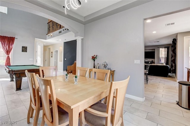 dining space with light tile patterned floors, decorative columns, baseboards, billiards, and recessed lighting