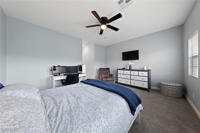 bedroom featuring carpet floors, a ceiling fan, visible vents, and baseboards