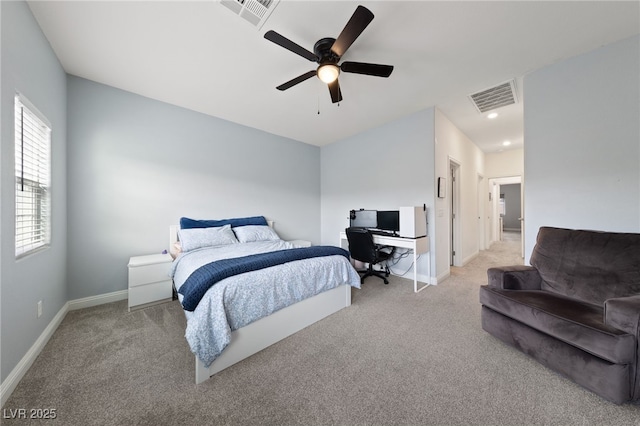 bedroom featuring visible vents, carpet flooring, and baseboards