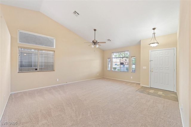 1805 Candle Bright Dr, Henderson, NV 89074 - interior space featuring vaulted ceiling, visible vents, light carpet, baseboards, and ceiling fan
