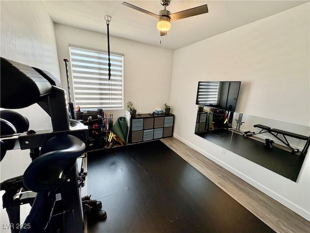 exercise room with wood finished floors, a ceiling fan, and baseboards
