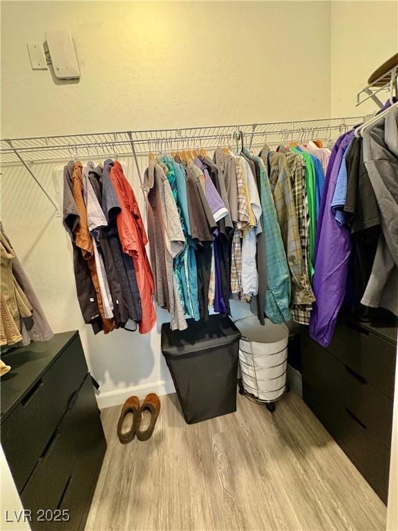 walk in closet with wood finished floors
