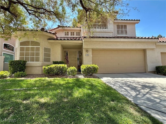 mediterranean / spanish-style house with concrete driveway, a tile roof, a front yard, and stucco siding