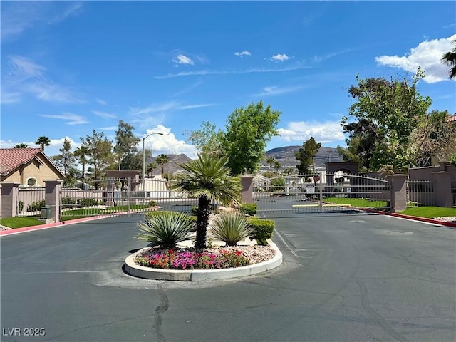 view of road featuring a gate, a gated entry, and curbs