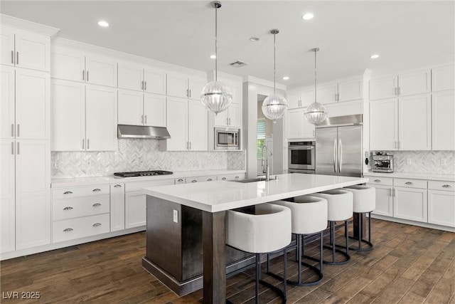 kitchen featuring tasteful backsplash, a sink, built in appliances, dark wood-style floors, and a center island with sink