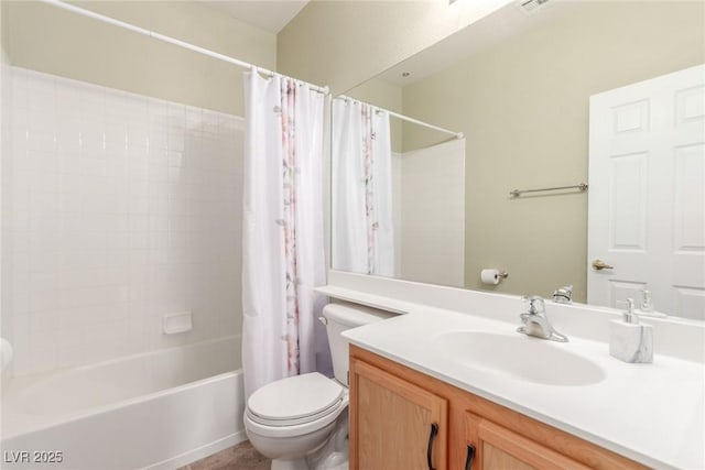 bathroom featuring shower / tub combo with curtain, toilet, and vanity