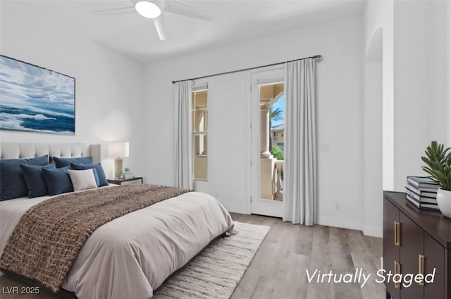 bedroom with baseboards, ceiling fan, access to outside, and light wood-style floors