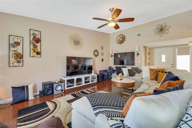 3920 Autumn St, Las Vegas, NV 89120 - living room featuring wood finished floors, a ceiling fan, and baseboards