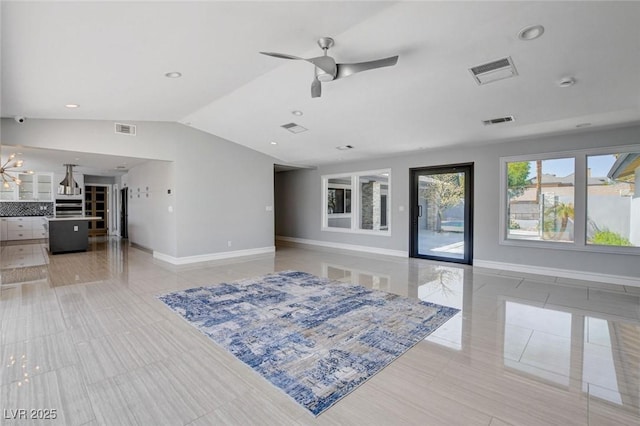 7575 Coley Ave, Las Vegas, NV 89117 - living room with vaulted ceiling, ceiling fan, light tile patterned floors, and recessed lighting