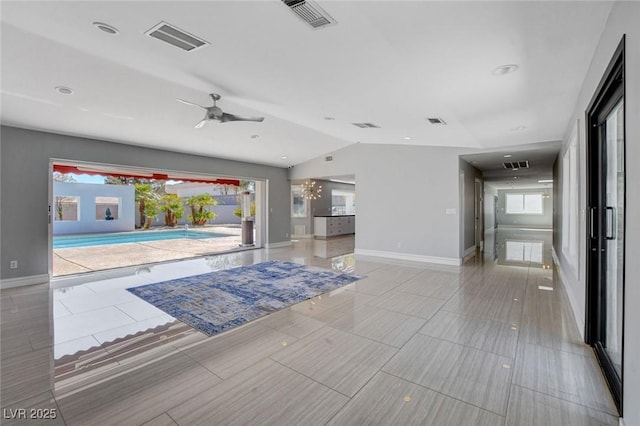 7575 Coley Ave, Las Vegas, NV 89117 - unfurnished living room with lofted ceiling, ceiling fan, and plenty of natural light