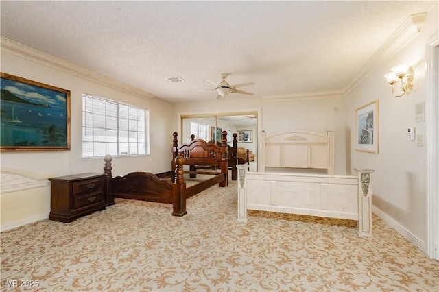 2255 S Buffalo Dr, Las Vegas, NV 89117 - bedroom with carpet, ornamental molding, baseboards, a textured ceiling, and ceiling fan