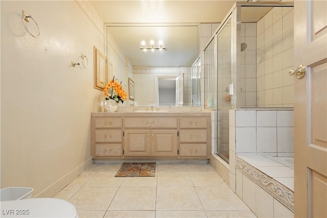 2255 S Buffalo Dr, Las Vegas, NV 89117 - full bathroom featuring vanity, a tile shower, tile patterned floors, toilet, and a relaxing tiled tub