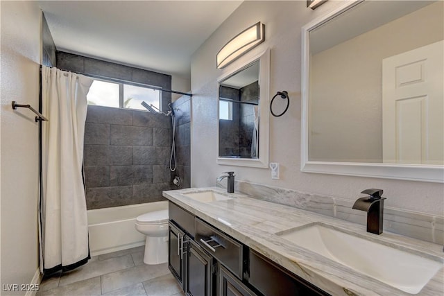 full bath featuring tile patterned flooring, double vanity, shower / bathtub combination with curtain, toilet, and a sink