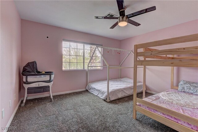 carpeted bedroom featuring visible vents, ceiling fan, and baseboards