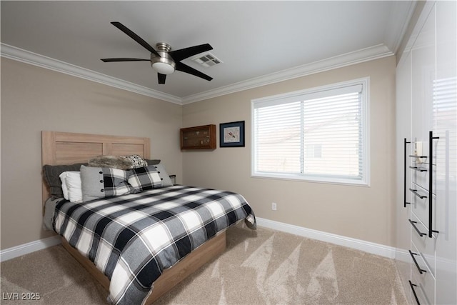 bedroom featuring carpet flooring, visible vents, and crown molding
