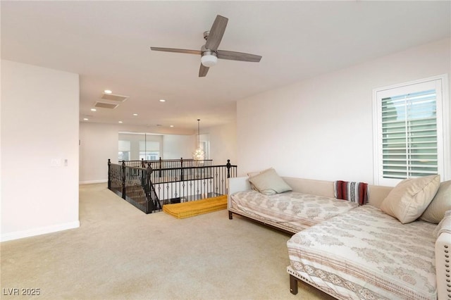 bedroom featuring carpet flooring, recessed lighting, and baseboards