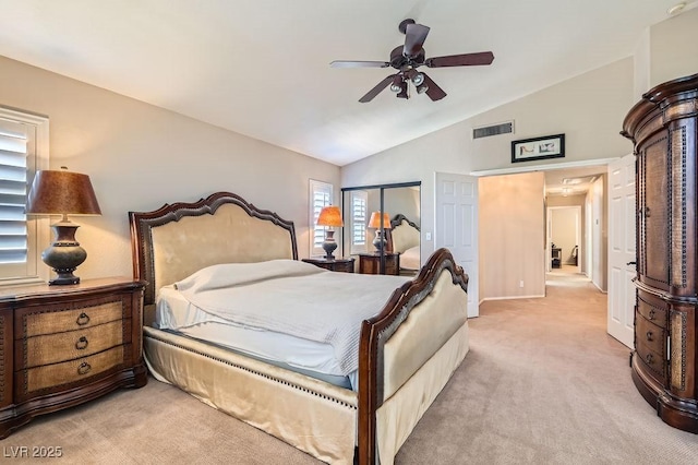 13 Cozy Glen Cir, Henderson, NV 89074 - bedroom with light carpet, a ceiling fan, baseboards, vaulted ceiling, and visible vents