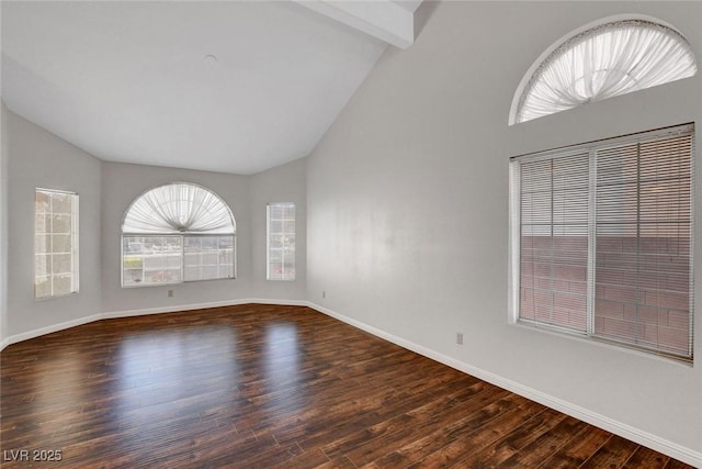 8236 Bermuda Beach Dr, Las Vegas, NV 89128 - unfurnished room featuring baseboards, beam ceiling, high vaulted ceiling, and dark wood-type flooring