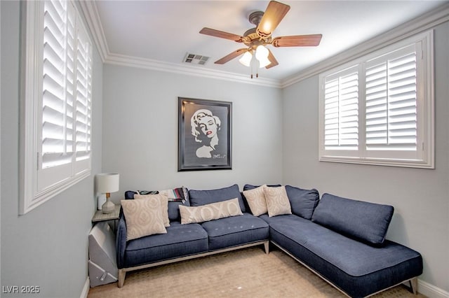 1125 Via Canale Dr, Henderson, NV 89011 - living area with baseboards, visible vents, ceiling fan, and crown molding