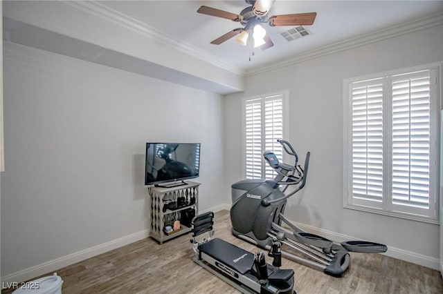 1125 Via Canale Dr, Henderson, NV 89011 - workout room with wood finished floors, visible vents, a ceiling fan, and baseboards