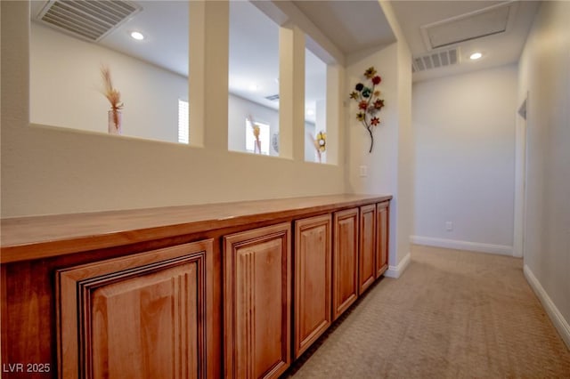 1125 Via Canale Dr, Henderson, NV 89011 - hallway with visible vents, baseboards, recessed lighting, and light carpet