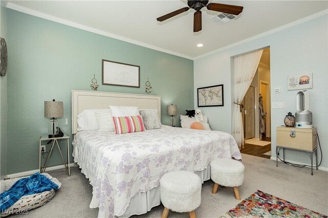 9953 Fletcher Peak Ave, Las Vegas, NV 89178 - bedroom with crown molding, baseboards, recessed lighting, carpet, and a ceiling fan