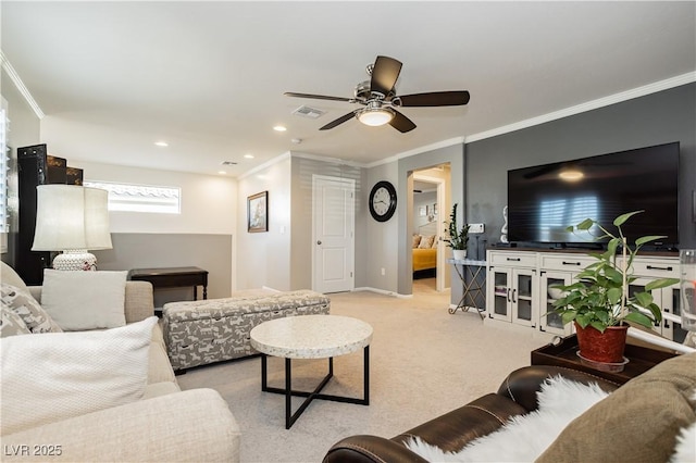 9953 Fletcher Peak Ave, Las Vegas, NV 89178 - carpeted living room with ceiling fan, ornamental molding, baseboards, and recessed lighting