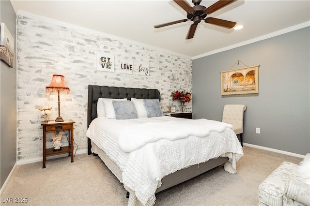 bedroom featuring baseboards, a ceiling fan, crown molding, and carpet