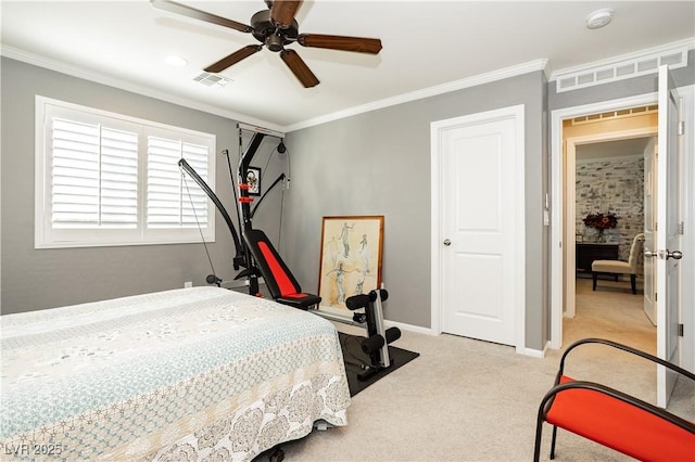 9953 Fletcher Peak Ave, Las Vegas, NV 89178 - bedroom featuring light carpet, ornamental molding, baseboards, and ceiling fan