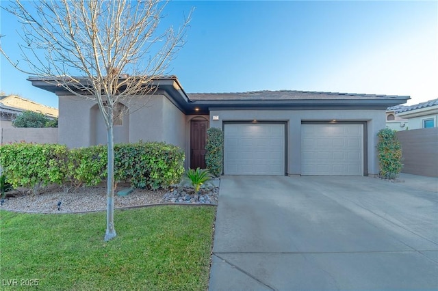 ranch-style house with a front lawn, stucco siding, concrete driveway, and an attached garage