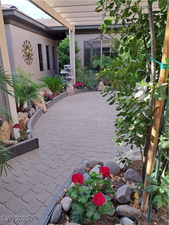 surrounding community with a patio and a pergola