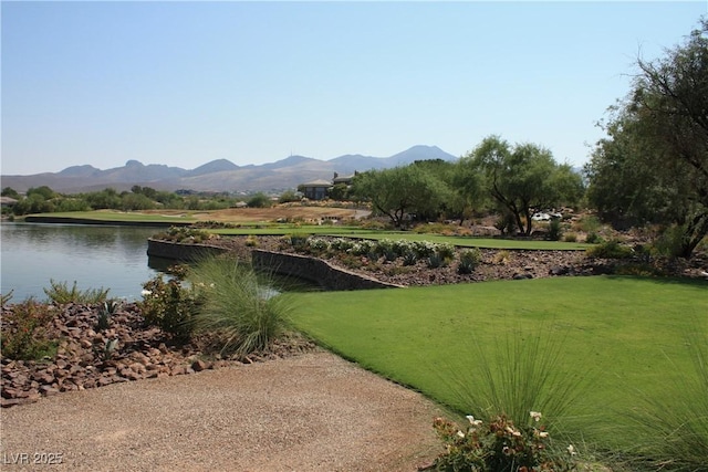 surrounding community with a water and mountain view and a yard