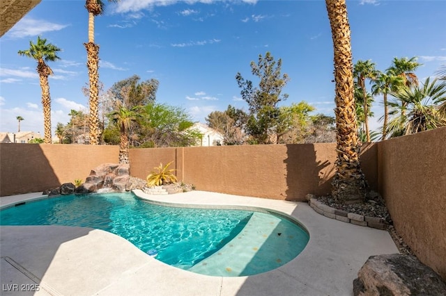 view of swimming pool featuring a patio, a fenced backyard, and a fenced in pool