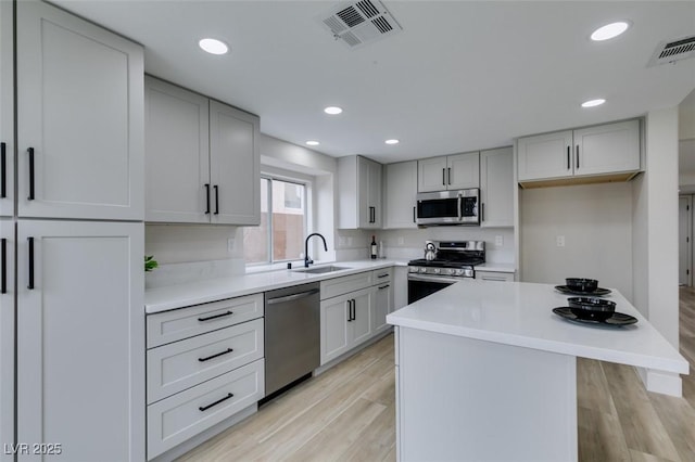 kitchen featuring a sink, visible vents, stainless steel appliances, a center island, and light wood-type flooring