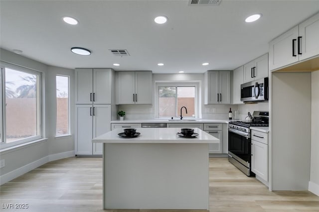 kitchen with light wood-style flooring, a sink, appliances with stainless steel finishes, visible vents, and a kitchen island