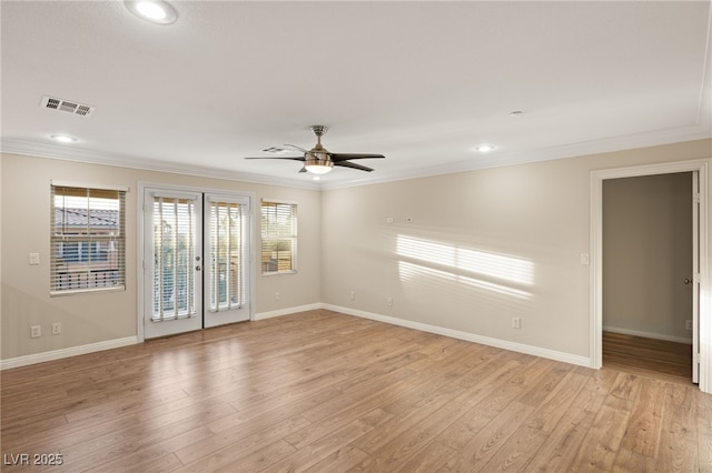 1265 Vietti St, Henderson, NV 89012 - spare room featuring ornamental molding, ceiling fan, light wood-type flooring, french doors, and recessed lighting