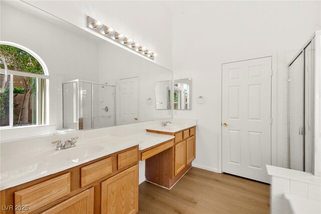 full bathroom featuring a sink, double vanity, a shower stall, and wood finished floors
