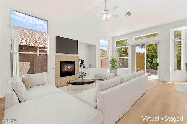 living room featuring wood finished floors, a wealth of natural light, and a fireplace