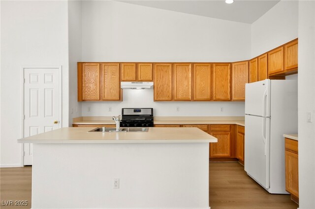 kitchen featuring freestanding refrigerator, a towering ceiling, stainless steel gas range, under cabinet range hood, and a sink