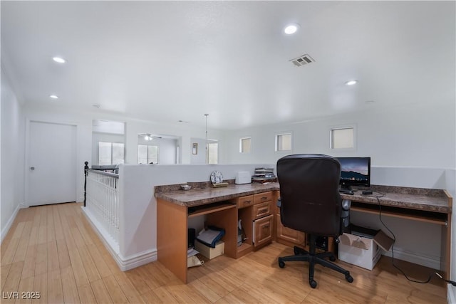 office with a ceiling fan, visible vents, recessed lighting, and light wood-style floors