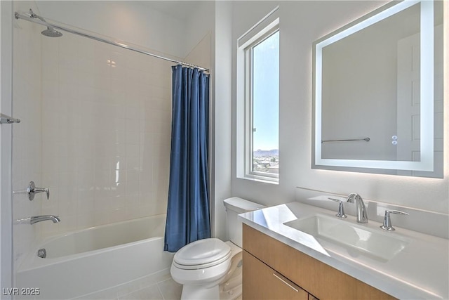 full bath featuring toilet, shower / bathtub combination with curtain, vanity, and plenty of natural light