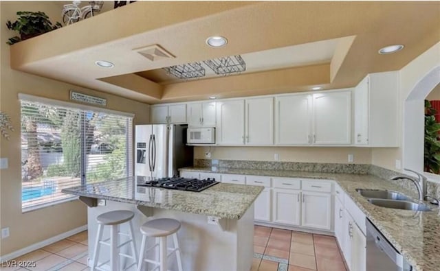 kitchen with white cabinetry, a sink, appliances with stainless steel finishes, and a tray ceiling