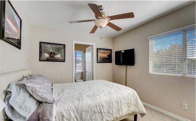bedroom featuring carpet, ceiling fan, baseboards, and multiple windows
